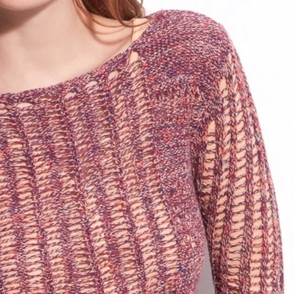 Free People Multicolored Open Knit Sweater Pull On Cropped Pink Red Purple Small - Picture 3 of 14